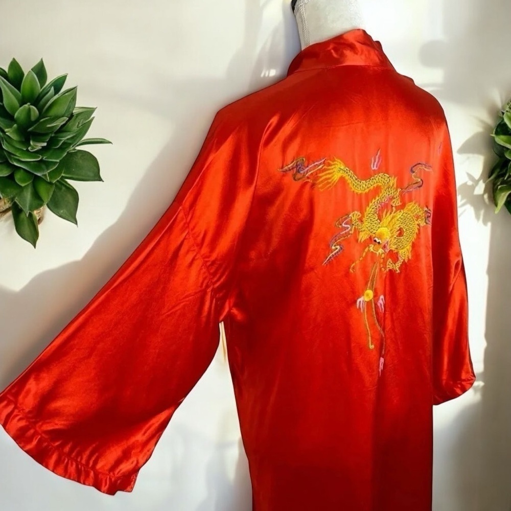 Vintage Chinese Dragon Embroidered Red Rayon Robe Golden Bee Mid Century